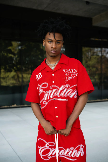 Mixed emotion red shirt